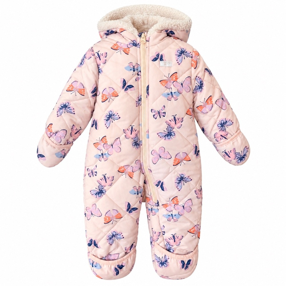 OshKosh B'gosh Bunting Quilted Sherpa Lined 6/9M Pink Butterfly Winter Snowsuit